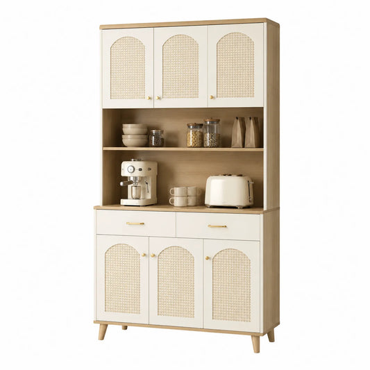 Aparador de Madera y Rat¨¢n con Estantes Blancos 180x80 cm