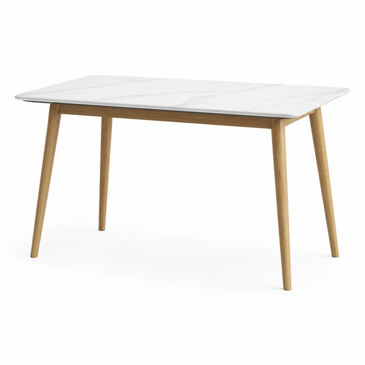 Mesa de comedor de m¨¢rmol blanco y patas de madera 120x80 cm