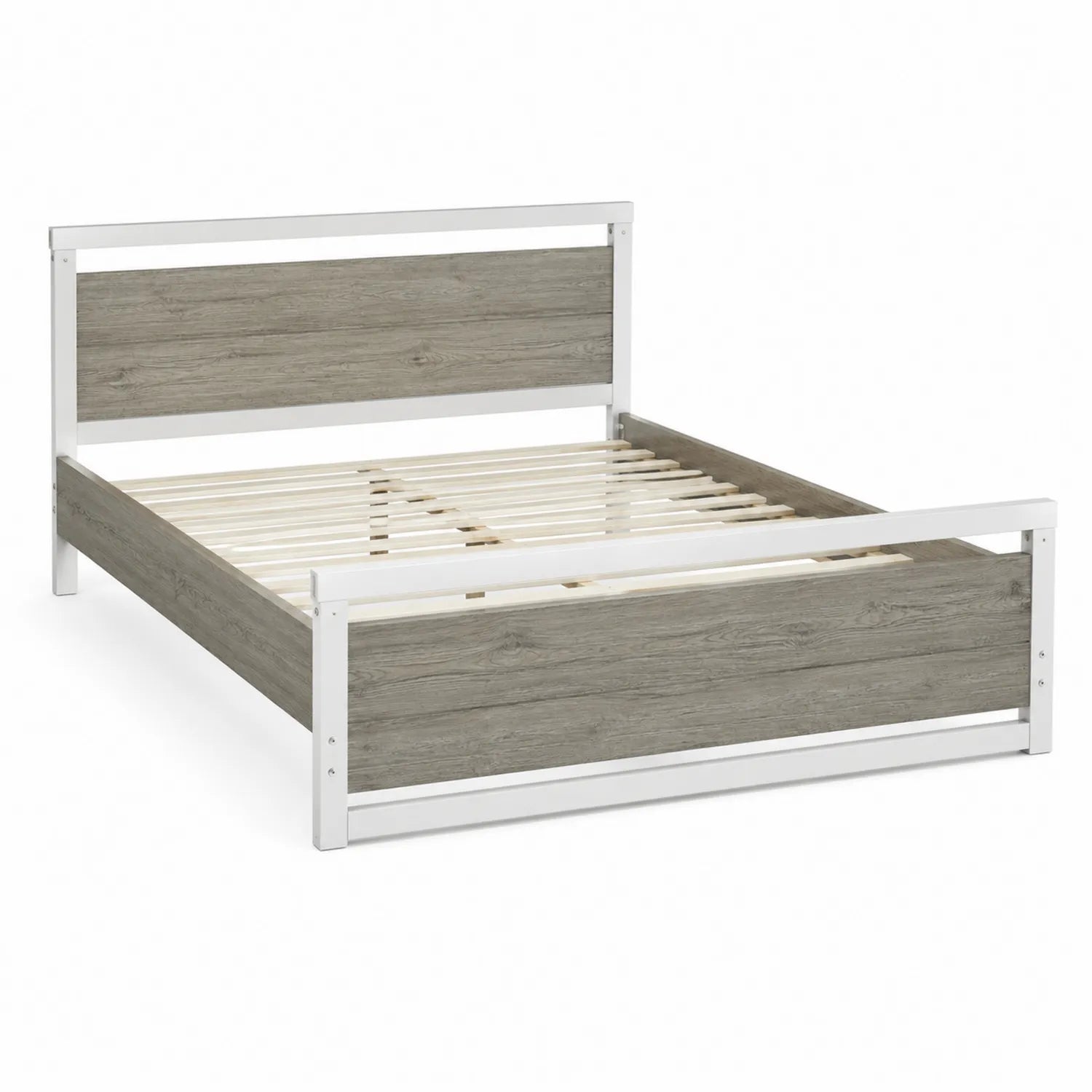 Cama Doble de Madera MDF y Metal en Gris y Blanco