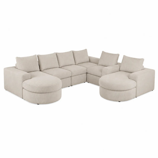 Sof¨¢ modular en L con chaise longue tapizado en chenilla beige