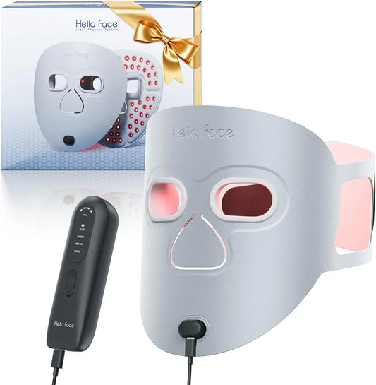 Masque LED Visage avec Protection Oculaire et Câbles Inclus, Masque Luminothérapie Visage Gris Hello Face, Soin LED Professionnel à Domicile avec 280