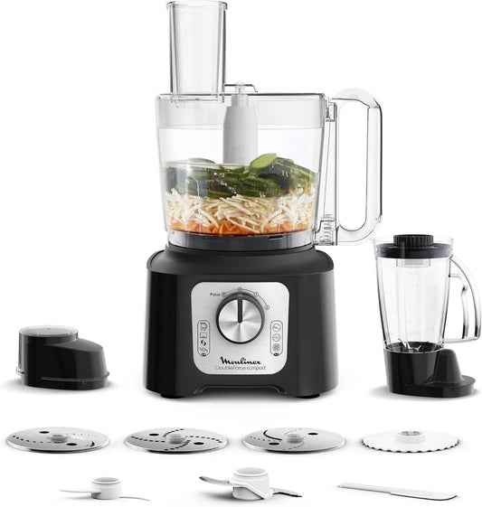 Moulinex Blender, 3 L, 800 W, noir, Double Force Compact Robot Cuisine 800W, 2 sorties moteur, 9 accessoires inclus