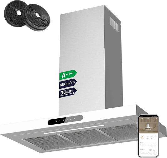 CIARRA CBCW9102 Hotte aspirante, 90cm, 650 m³/h, classe énergétique A, hotte de cuisine, évacuation et recyclage, Boost, tactile, Wi-Fi