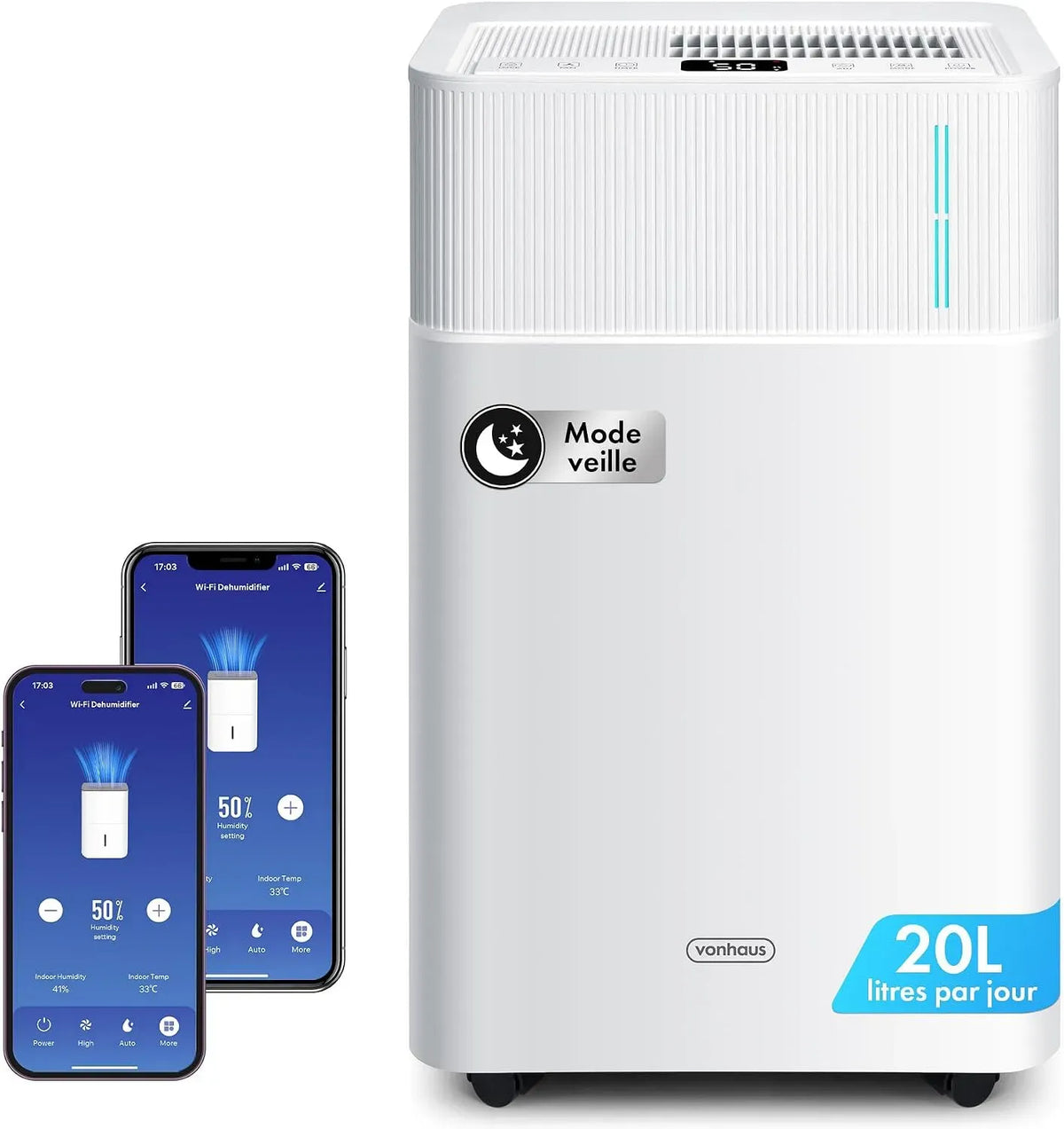 Google Déshumidificateur, 4,5 L, 41 dB, Wi-Fi, grand réservoir, Google Assistant, Alexa et Siri, pour Pièces jusqu'à 20 m²