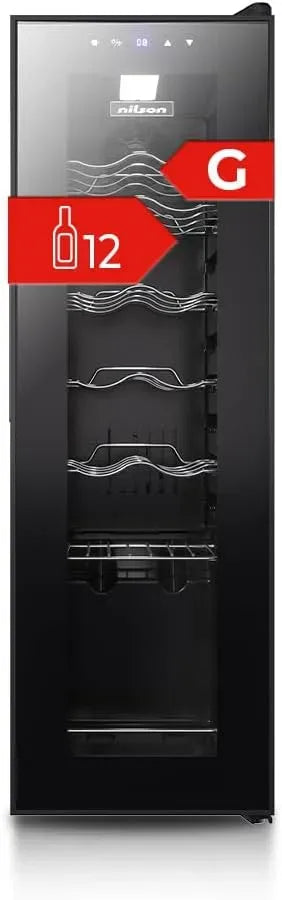 Cave à vin électrique, 12 bouteilles, 44 dB, classe énergétique D, armoire à vin, NILSON NVN1200S, 2 zones de température, noir