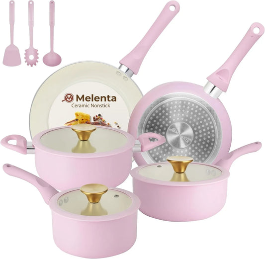 Ustensile de cuisson, ustensile de cuisine, batterie de casseroles et poêles, M MELENTA Batterie de cuisine 11 pièces en céramique antiadhésive rose