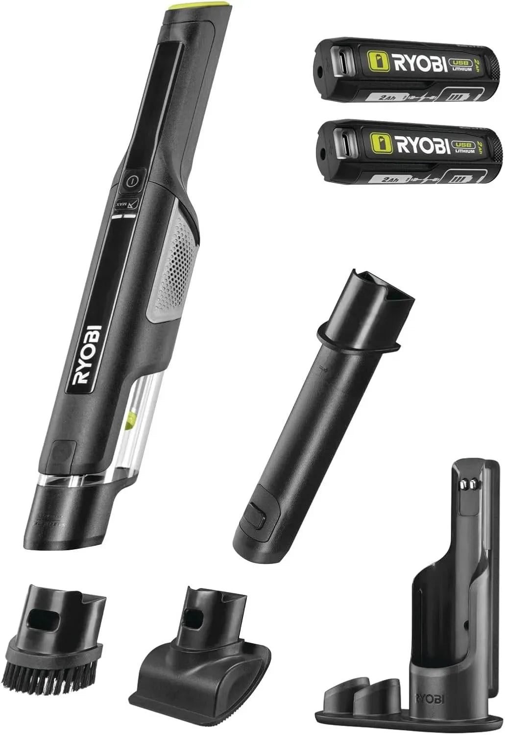 Aspirateur, RYOBI RHV44-220G, USB, Station de Recharge + 2 Batteries 2,0 Ah incluses