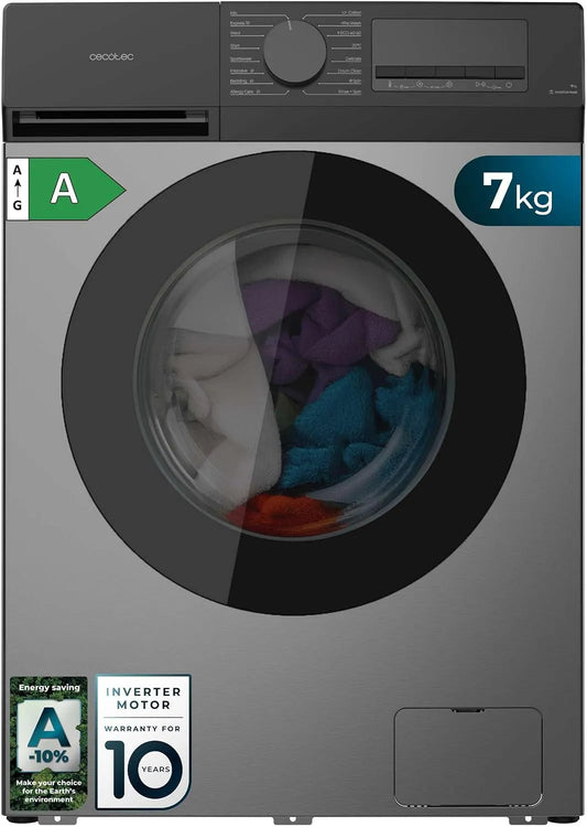 Cecotec Bolero DressCode 7450 Lave-linge, 16 programmes, 7 kg, classe énergétique A, Inverter, silencieux, 1200 tr/min, Fonction Silence, Acier