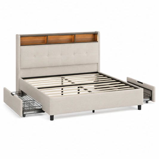 Cama de Tela Beige con Cabecero y Almacenamiento 160x200 cm