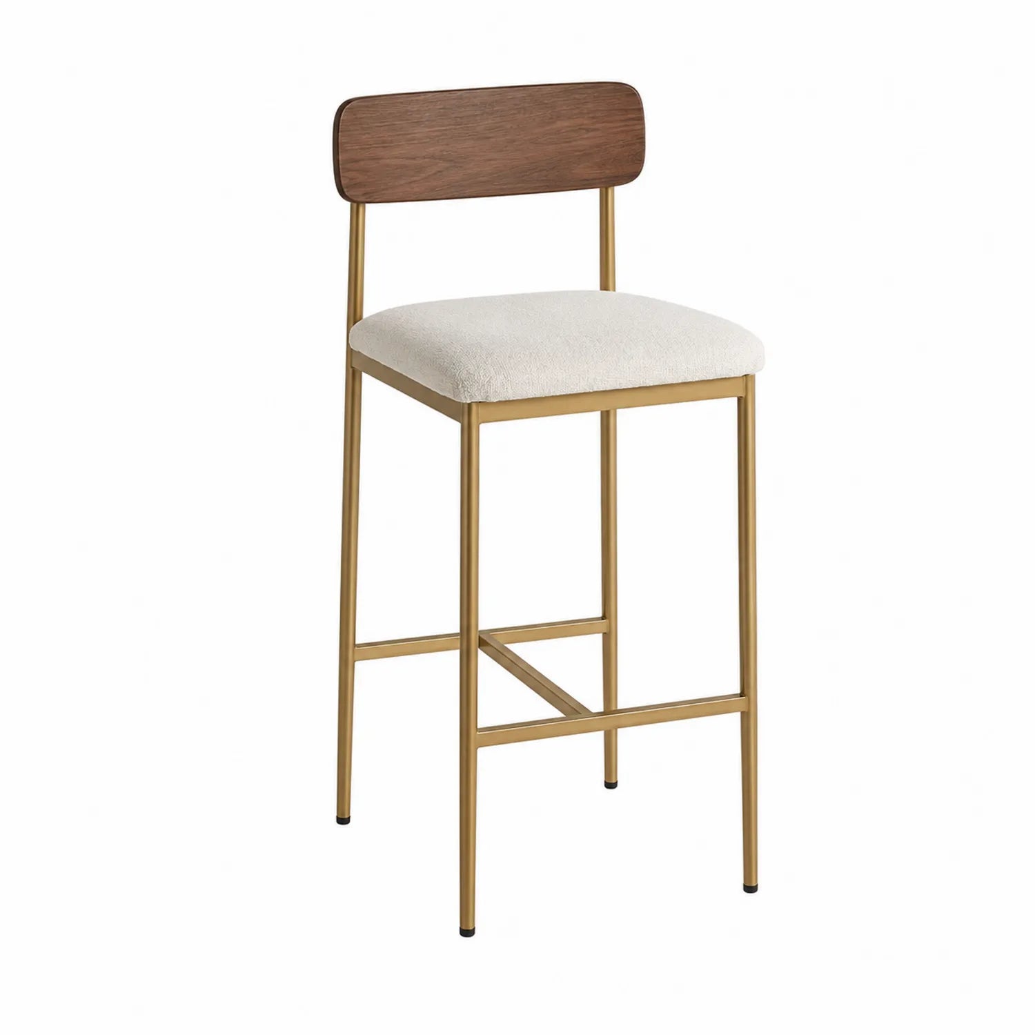 Taburete de Bar de Metal Dorado con Asiento de Tela Beige y Respaldo de Madera