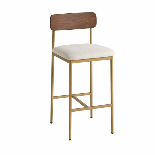 Taburete de Bar de Metal Dorado con Asiento de Tela Beige y Respaldo de Madera