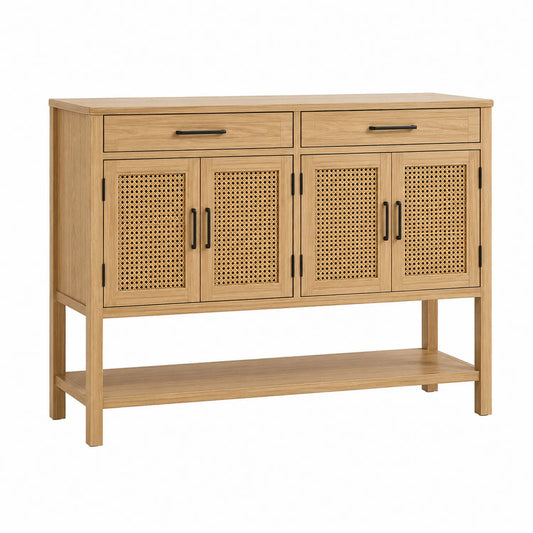 Aparador de madera de roble y rat¨¢n 120x40x85cm