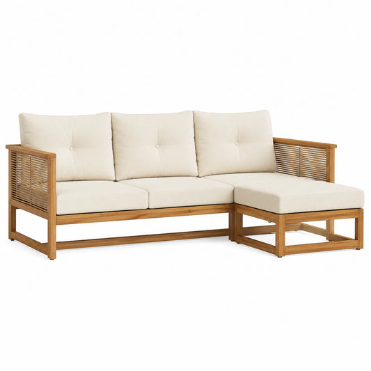 Sof¨¢ esquinero de madera de acacia con cojines de poli¨¦ster crema