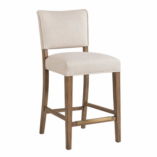 Taburete de madera y tela beige con respaldo