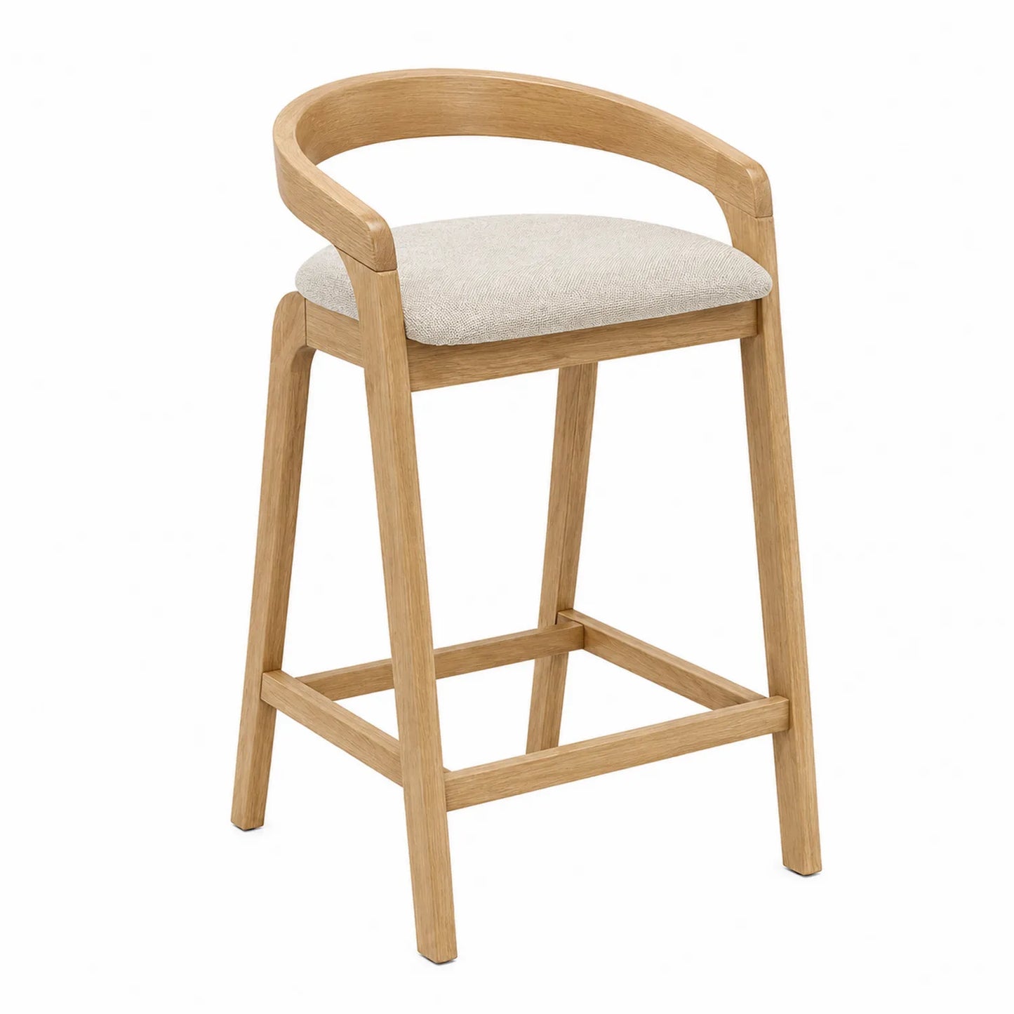 Taburete de roble con asiento de tela beige