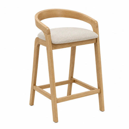 Taburete de roble con asiento de tela beige