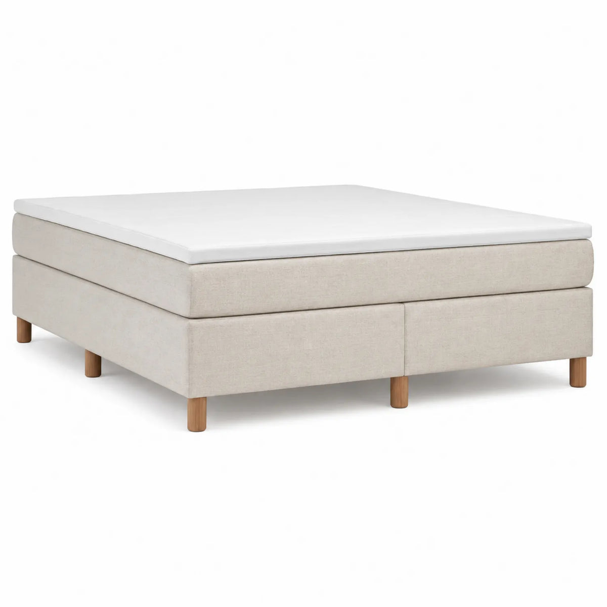 Cama de tela beige con patas de roble 160x200 cm