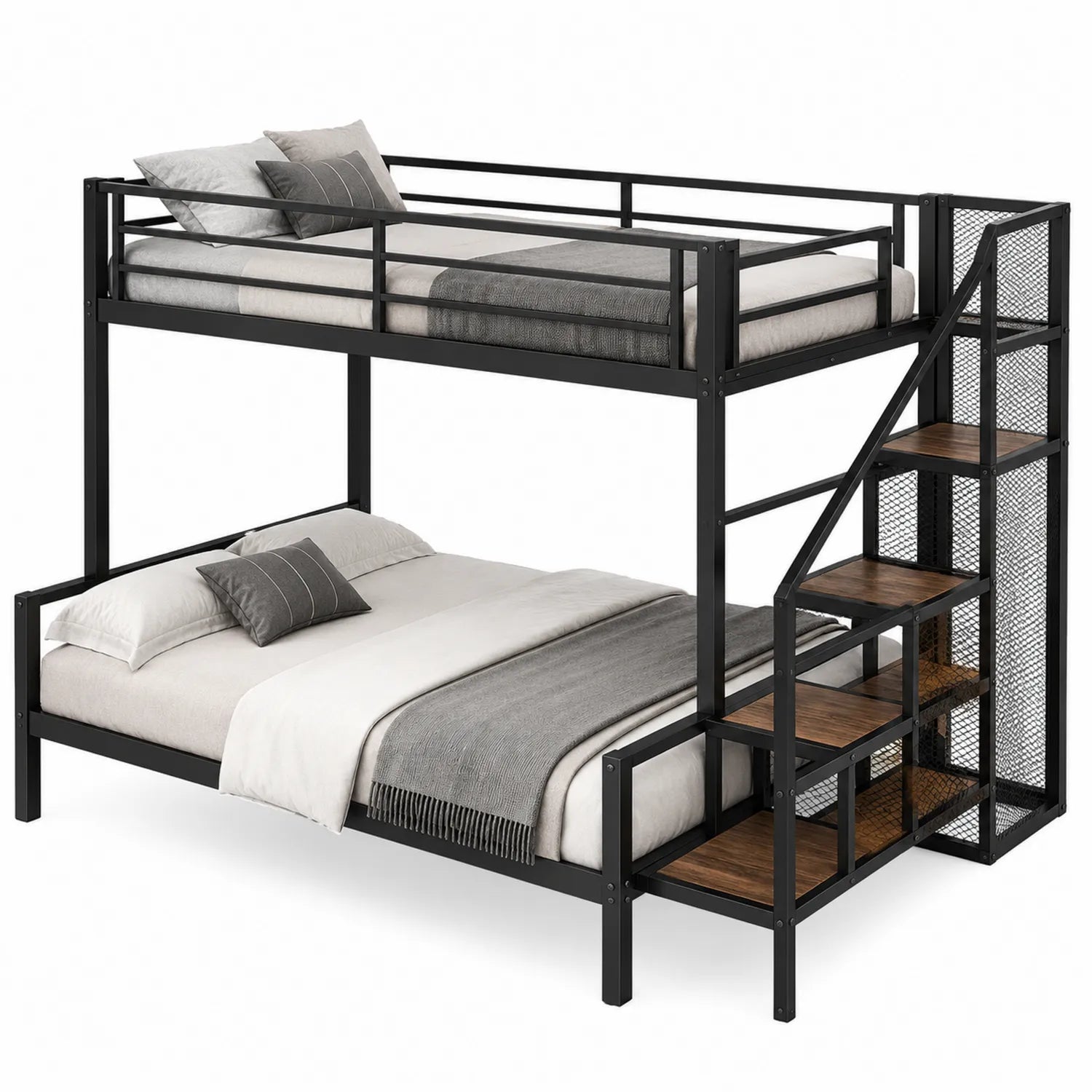 Litera de Metal Negra con Escalera de Madera