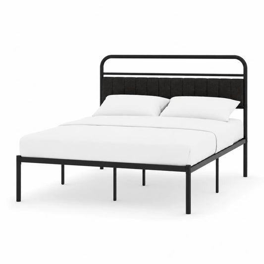 Cama de metal con cabecera tapizada negra 200x160 cm
