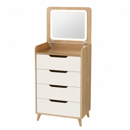 Tocador de Madera de Roble con Espejo y 4 Cajones Blancos