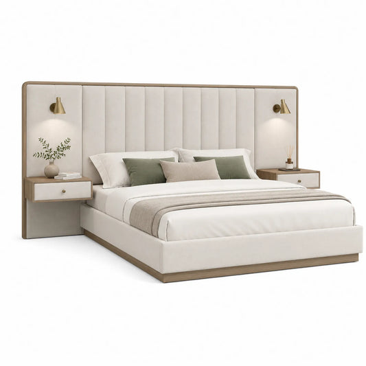 Cama tapizada con cabecero y mesitas de noche en beige 200x180 cm