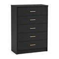 Cómoda de 5 cajones de MDF Negro con Tiradores Dorados