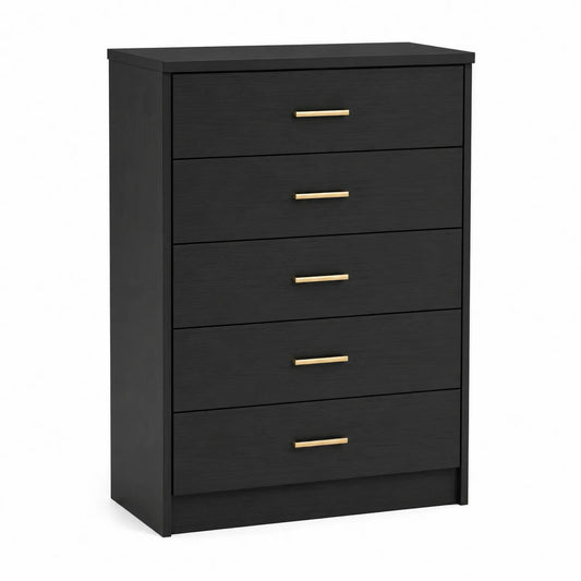 C¨®moda de 5 cajones de MDF Negro con Tiradores Dorados