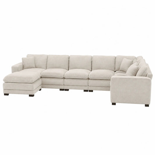 Sof¨¢ seccional en L de tela beige de 300x200x85 cm
