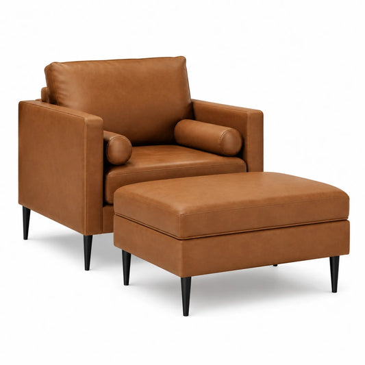 Conjunto de sill¨®n y reposapi¨¦s de cuero sint¨¦tico marr¨®n