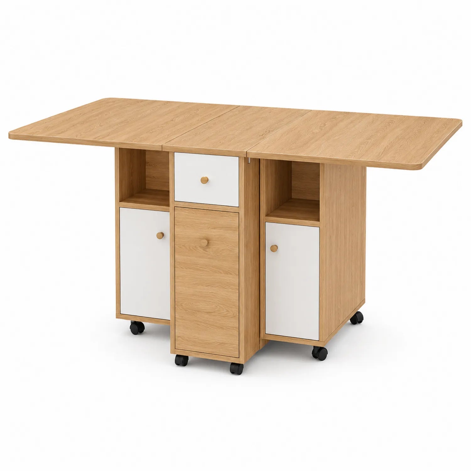Mesa extensible de madera con ruedas y almacenamiento