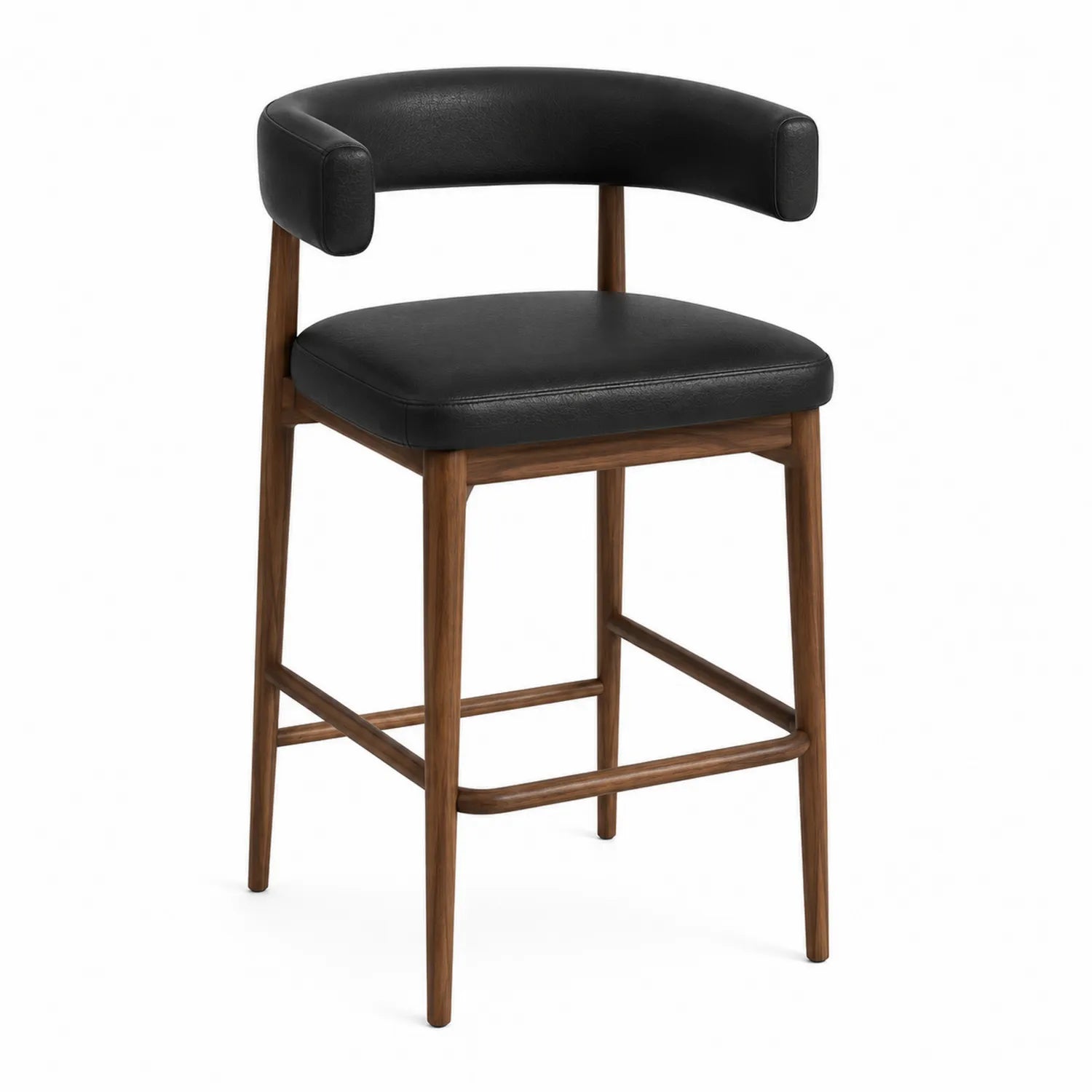 Taburete de barra de madera y cuero negro