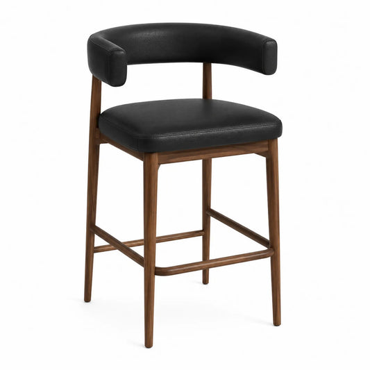 Taburete de barra de madera y cuero negro