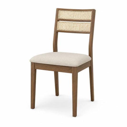 Silla de comedor de madera de roble con respaldo de mimbre y asiento de lino beige