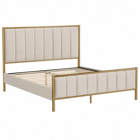 Cama doble de metal dorado con cabecero tapizado en tela beige