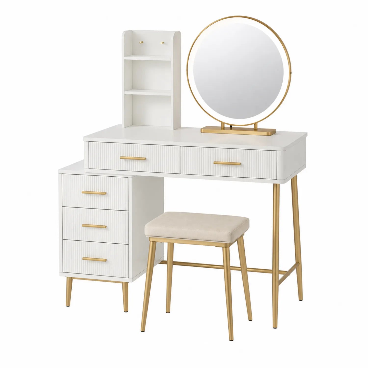 Tocador de MDF Blanco con Espejo Redondo y Taburete de Acero Dorado