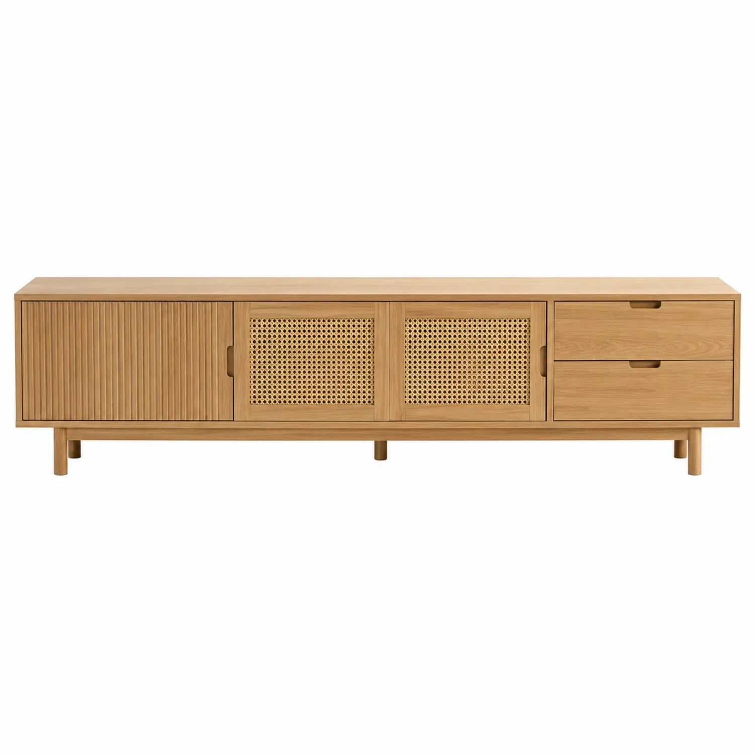 Mueble de TV de Roble con Puertas de Ratán y Cajones 180x40x50cm