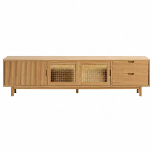 Mueble de TV de Roble con Puertas de Rat¨¢n y Cajones 180x40x50cm