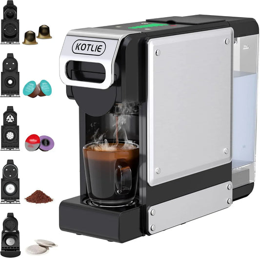 5-en-1 1L. Machine à capsules, machine à café électrique, 1 L, grand réservoir, dimensions personnalisables, pour capsules et moulu, KOTLIE