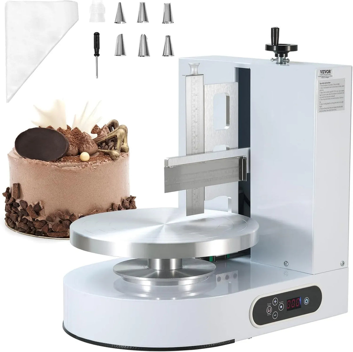 VEVOR Lisseur cheveux, 12 pouces, fer à lisser, pâtisserie, blanc, Vitesse de Rotation de 25 à 320 tr/min, Machine à Glacer les Gâteaux 4-12 pouces
