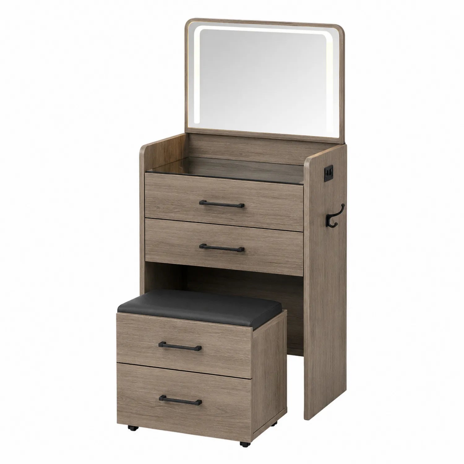 Tocador de Madera y Vidrio con Espejo LED y Banco Tapizado