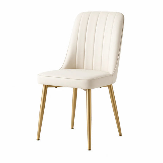 Silla de comedor tapizada en cuero sint¨¦tico beige con patas de metal dorado