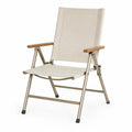 Silla plegable de acero y textileno beige con reposabrazos de madera
