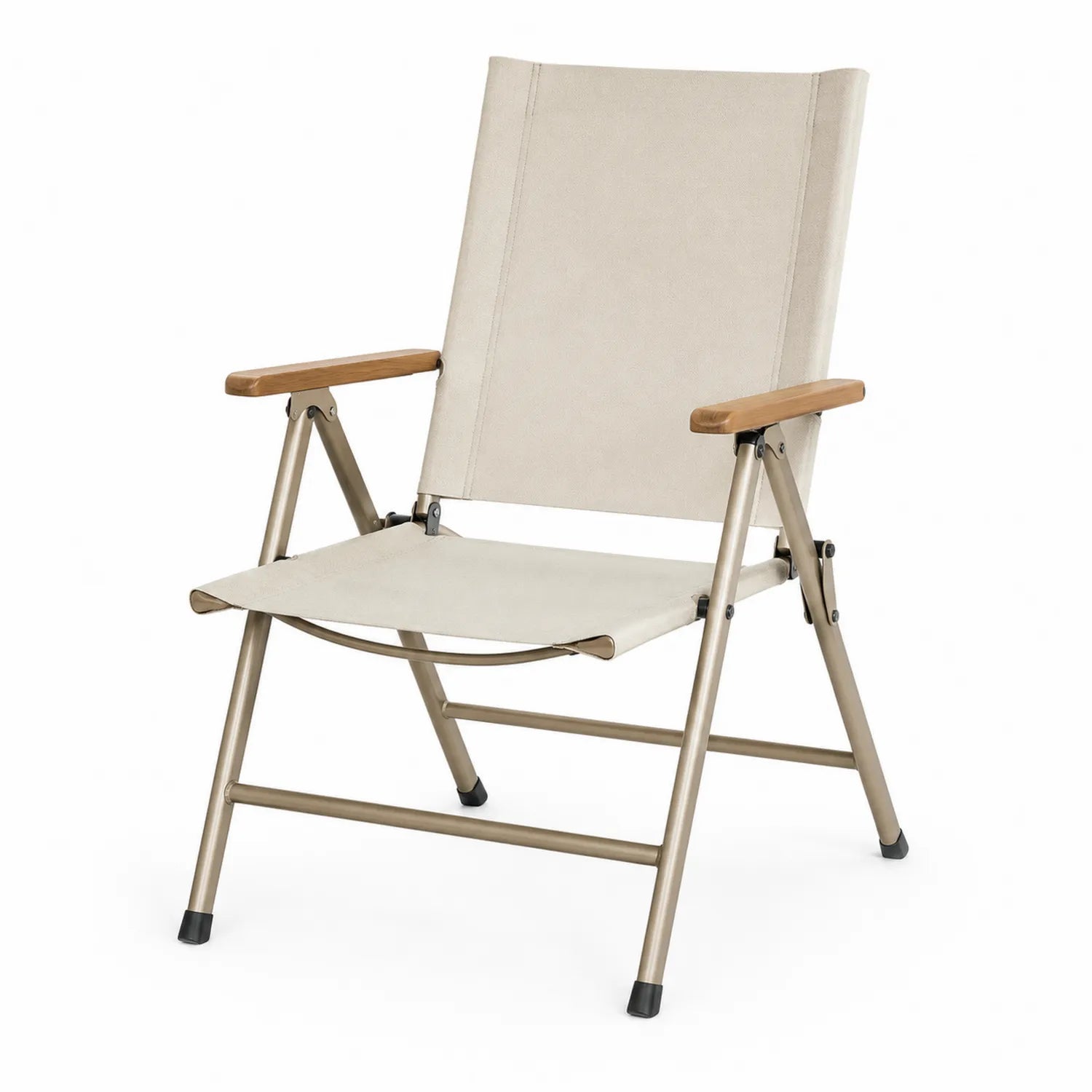 Silla plegable de acero y textileno beige con reposabrazos de madera