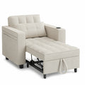 Sofá cama individual de tela beige con respaldo ajustable y portavasos