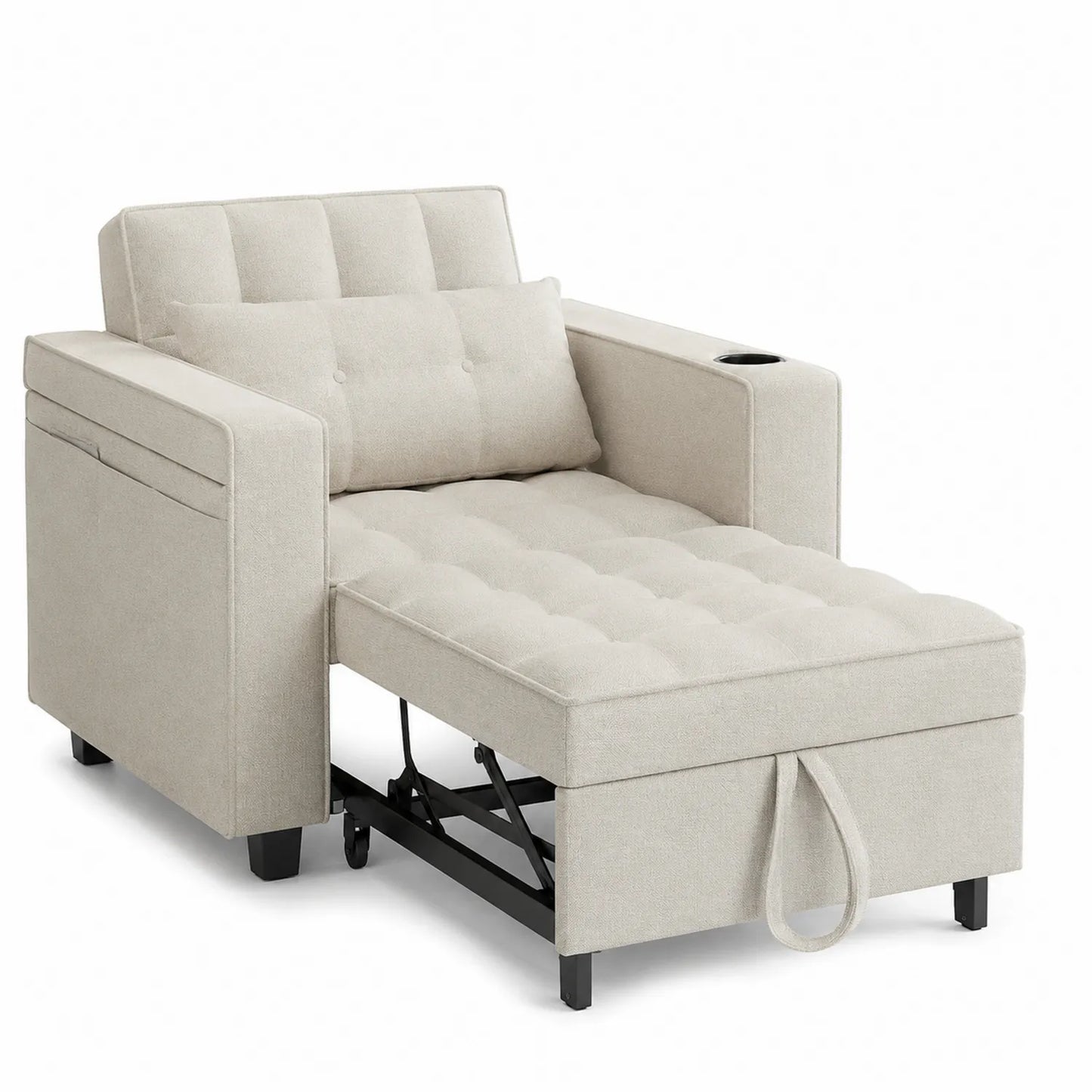 Sof¨¢ cama individual de tela beige con respaldo ajustable y portavasos