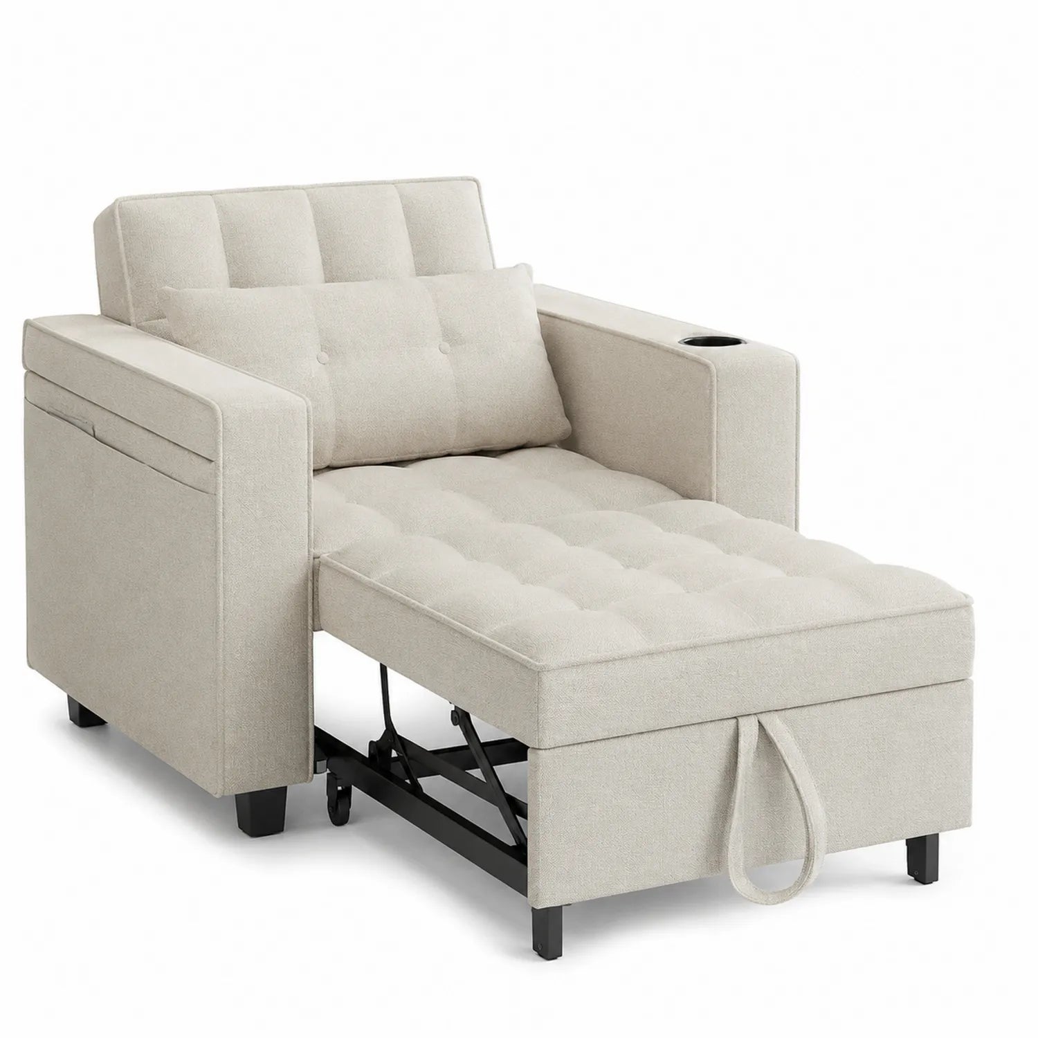Sofá cama individual de tela beige con respaldo ajustable y portavasos