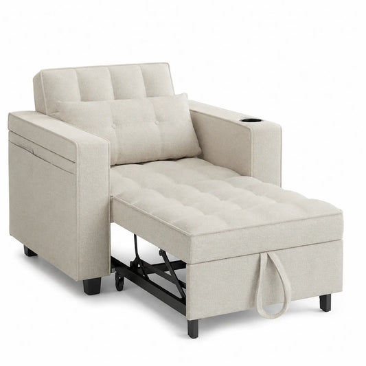 Sof¨¢ cama individual de tela beige con respaldo ajustable y portavasos