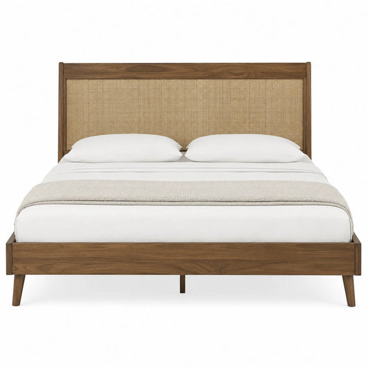 Cama doble de madera maciza y rat¨¢n marr¨®n 200x160 cm