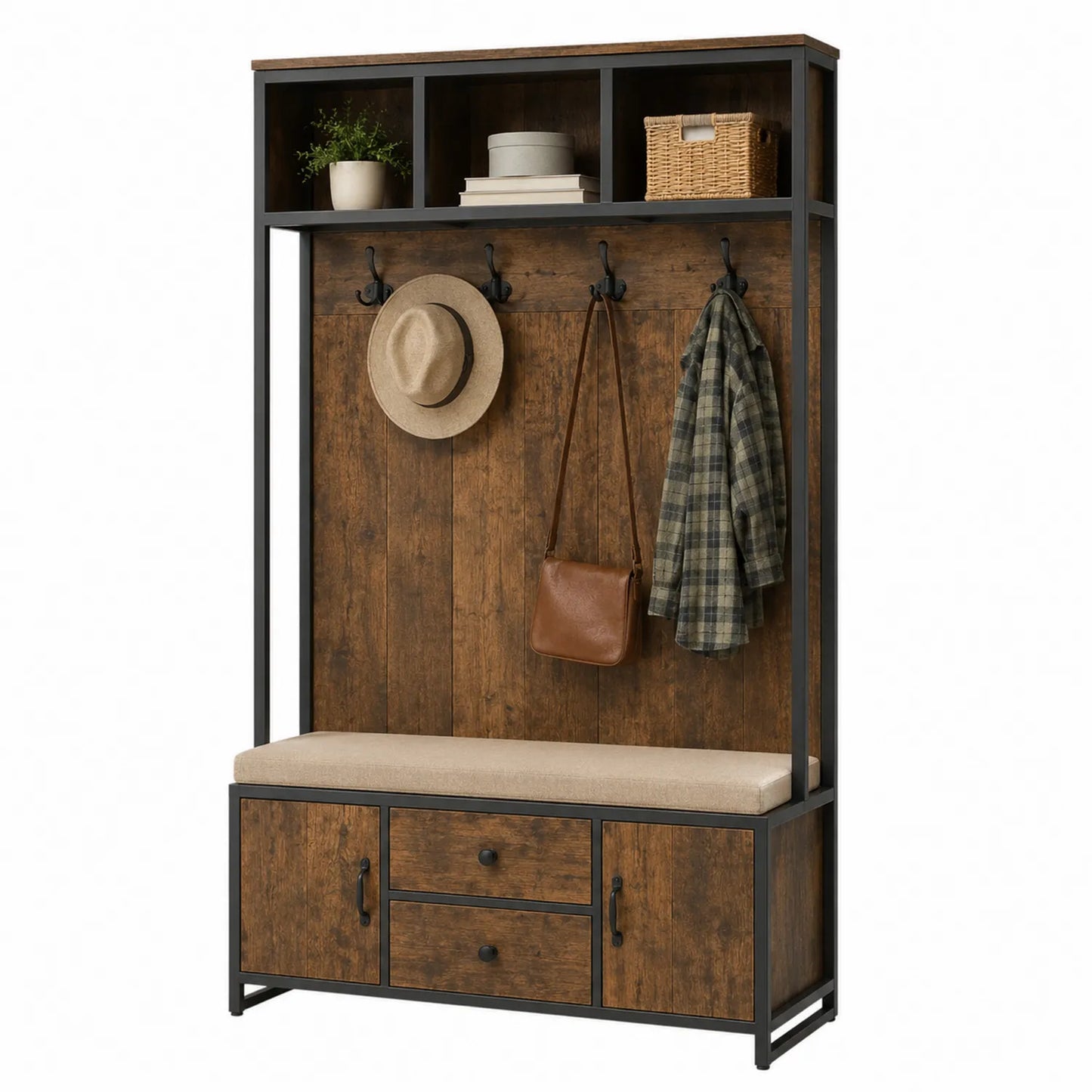 Perchero de entrada de madera y metal con 2 cajones y 4 ganchos, 188x102x39 cm, Marr¨®n/Negro