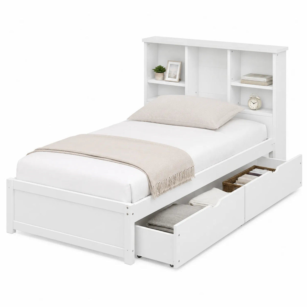 Cama individual con almacenamiento blanco